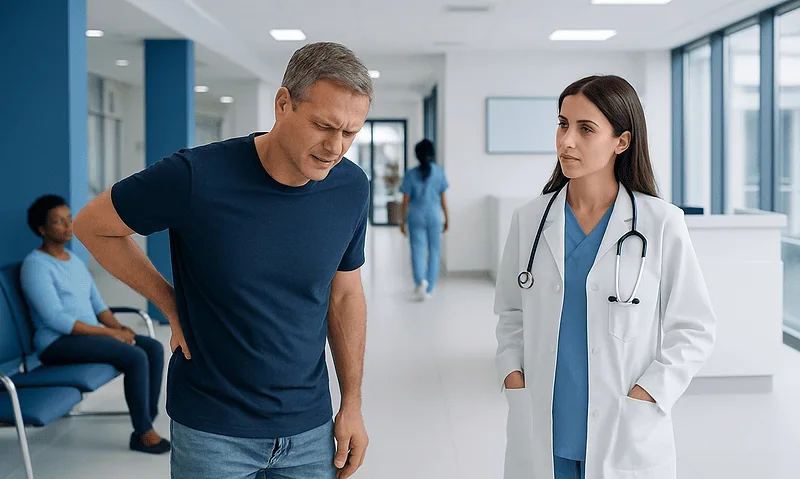 Patient consulting with doctor in hospital corridor.