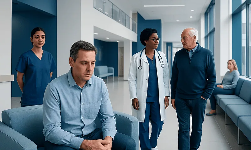 Patients and doctors in a modern hospital waiting area.