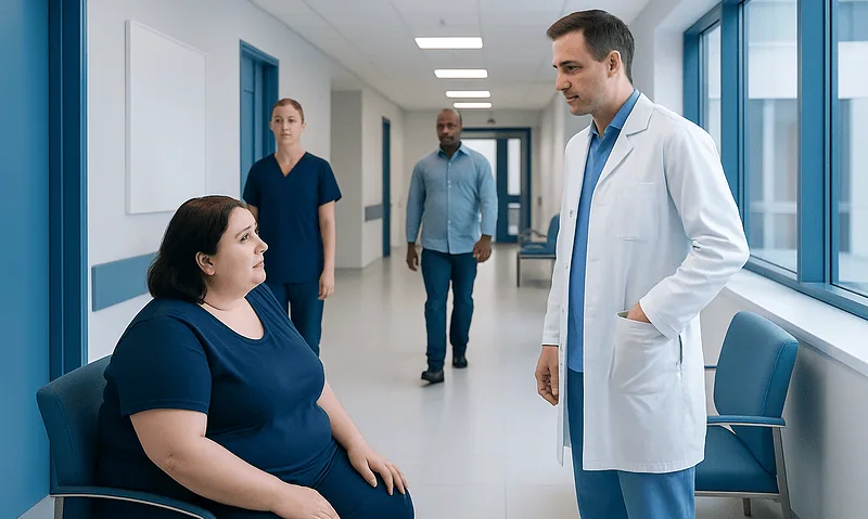 Doctor consulting a patient in a hospital corridor with medical staff nearby.