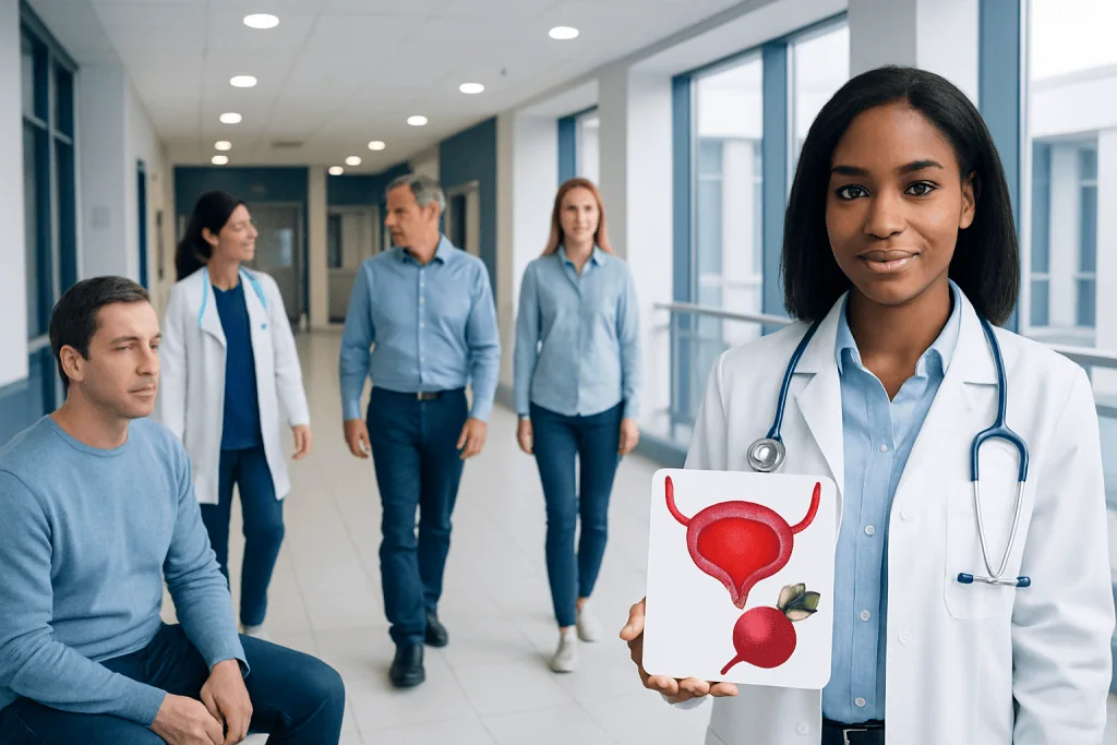 Can Beets Cause Urine to Be Red? Causes, Explanations, and Next Steps 1 Healthcare professional explains urinary system to patients in hospital corridor.