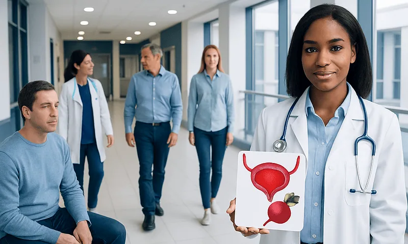Healthcare professional explains urinary system to patients in hospital corridor.