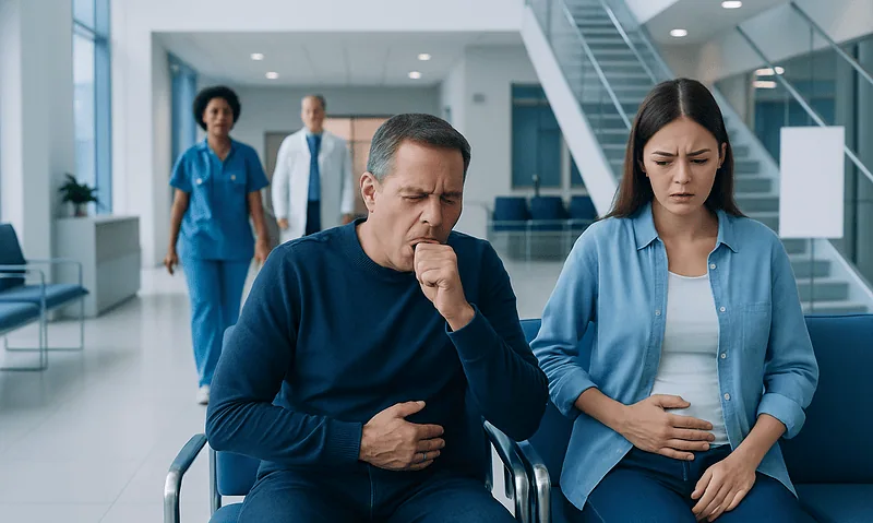 Belching and diarrhea: Symptoms, Causes, and Treatment — Complete Patient Guide 14 Patients experiencing stomach pain in a hospital waiting area.