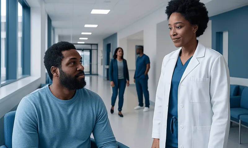 Medical consultation in a hospital corridor with a doctor and patient.