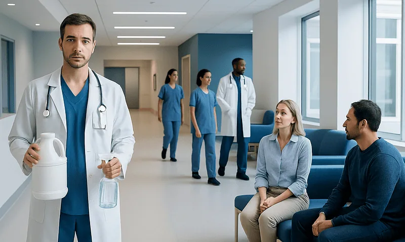Bleach and Vinegar: What Patients Need to Know 6 Medical staff and patients in a hospital corridor at Acibadem Hospitals Group.