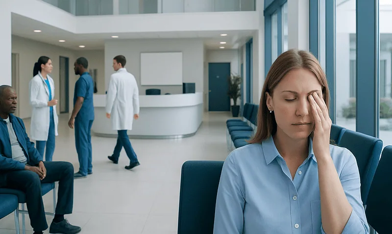 Woman experiencing eye discomfort in a hospital waiting area.