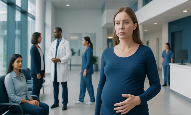 Pregnant woman waiting in hospital lobby with medical staff and visitors.