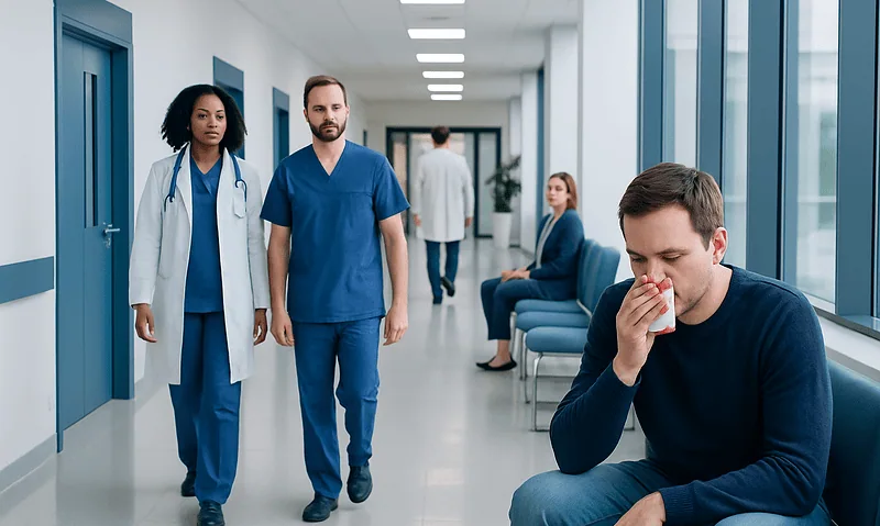 Patient with nosebleed in hospital corridor with medical staff nearby.