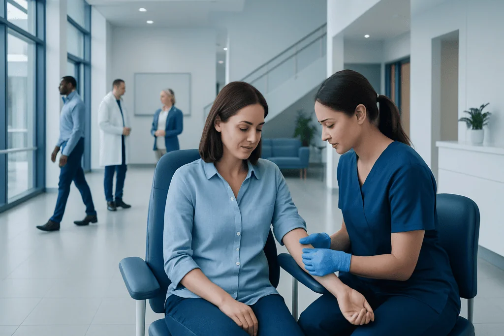 Blood Test Basics: What Common Blood Work Can Show About Your Health 1 Healthcare professional drawing blood from a patient in a modern clinic.