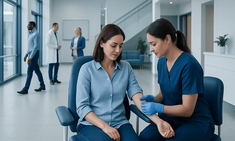 Healthcare professional drawing blood from a patient in a modern clinic.