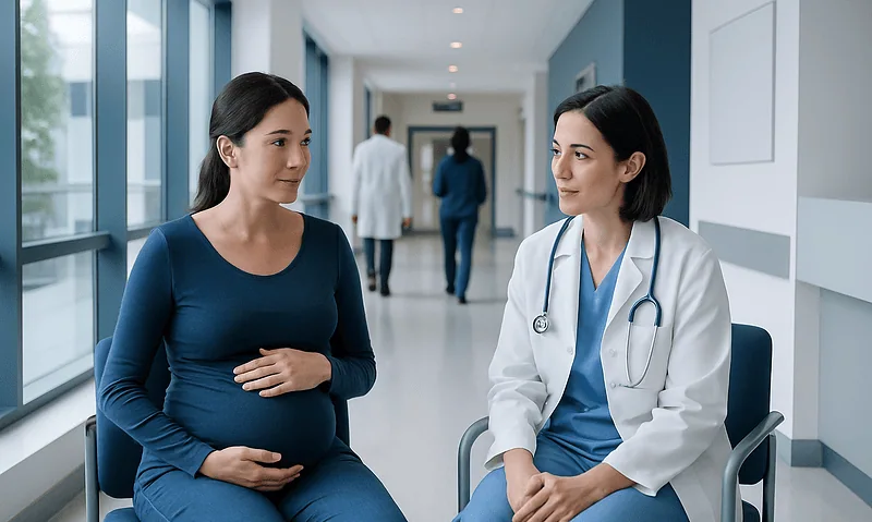 Pregnant woman consulting with a doctor in a hospital corridor.