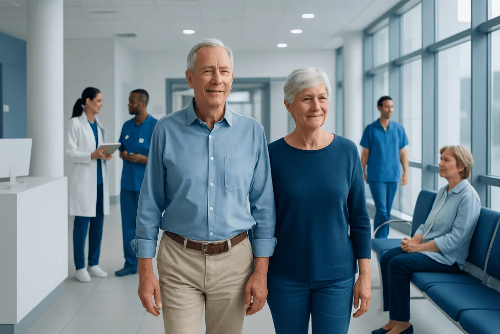 Strong Bones and Joints After 50: Exercise, Nutrition, and Fall Prevention 1 Elderly couple walking in hospital corridor with medical staff in background.