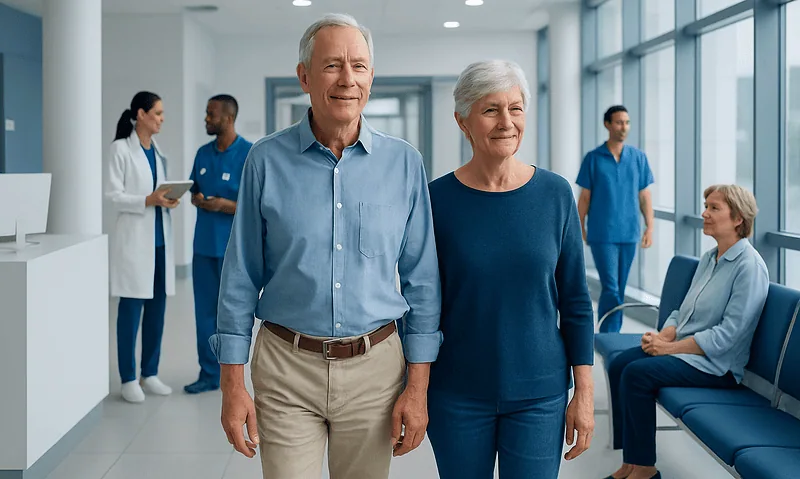 Elderly couple walking in hospital corridor with medical staff in background.
