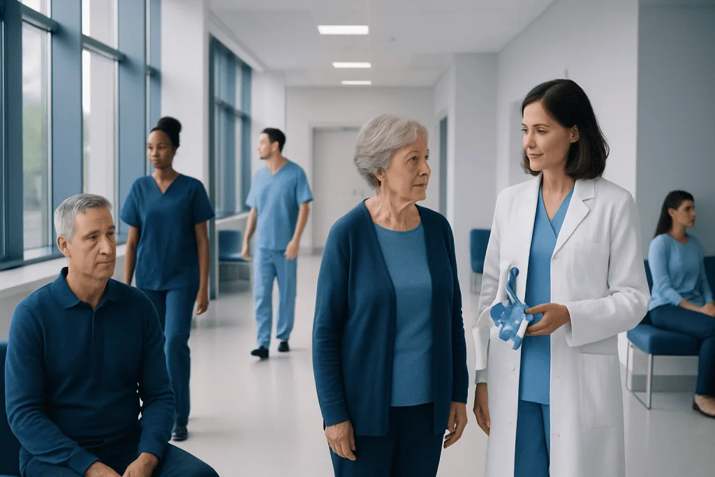Bone and Joint Myths: 10 Common Beliefs That Can Delay Proper Orthopedic Care 1 Healthcare professionals consulting with elderly patient in hospital corridor.