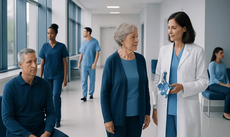 Healthcare professionals consulting with elderly patient in hospital corridor.