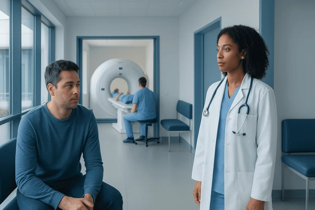 Brain MRI or Lumbar Puncture for CNS Infection: Why Both May Be Needed 1 Patient and doctor discussing MRI scan in hospital corridor.