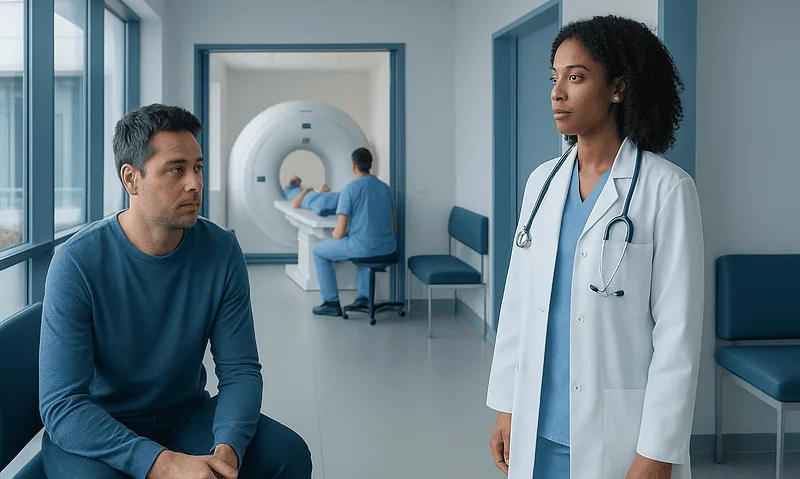 Patient and doctor discussing MRI scan in hospital corridor.
