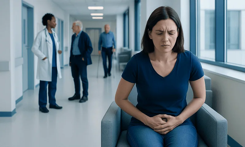 Why Does It Hurt When I Poop? Causes, Explanations, and Next Steps 11 Woman experiencing abdominal pain in hospital corridor.