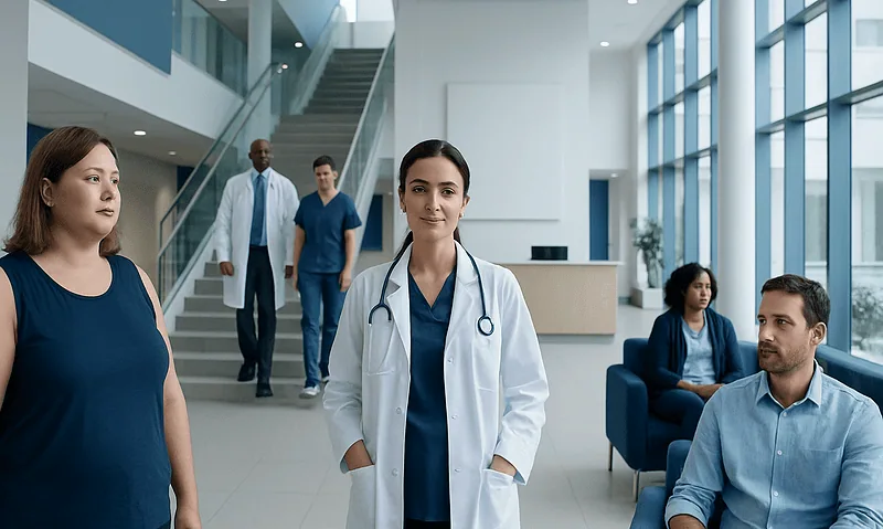 Medical team in hospital lobby with doctor and patients.