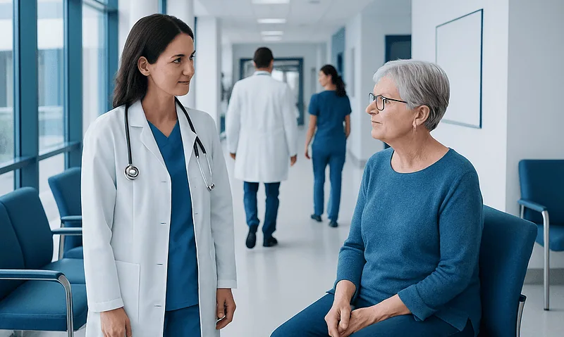 Doctor talking to an elderly patient in a hospital corridor.