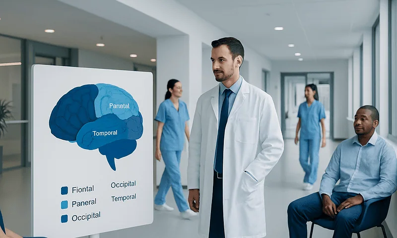 Medical professional explaining brain lobes to patients in hospital corridor.