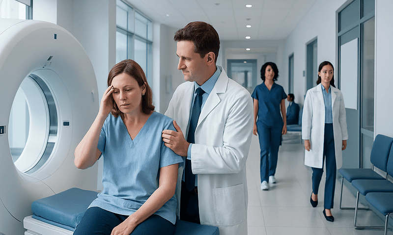 Patient experiencing dizziness during a brain MRI consultation at Acibadem Hospital.