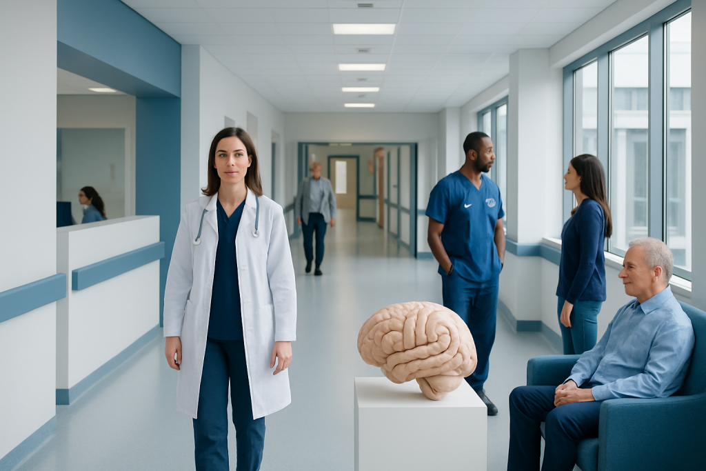Common Brain Myths: Facts About Memory, Brain Use, and Aging 1 Medical professionals and a patient in a hospital corridor with a brain model.