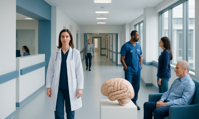 Medical professionals and a patient in a hospital corridor with a brain model.