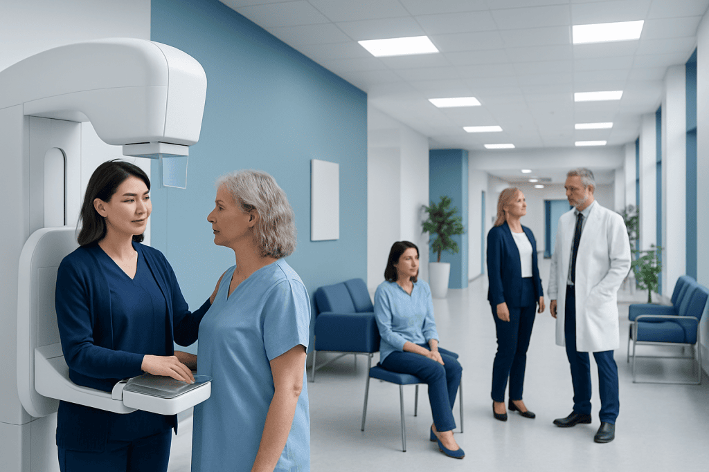 Diagnostic Tests for Breast Symptoms: Mammogram, Ultrasound, or MRI? 1 Woman undergoing mammogram at Acibadem Hospital for breast health screening.