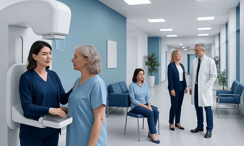 Woman undergoing mammogram at Acibadem Hospital for breast health screening.