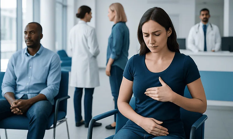 Woman experiencing breast pain in a medical clinic setting.