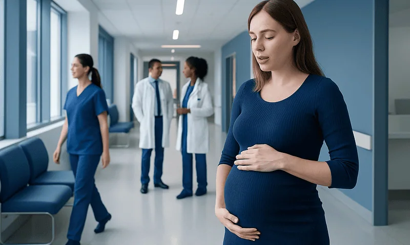 Pregnant Woman Breathing Problems: A Complete Clinical Guide for Patients 11 Pregnant woman experiencing breathing discomfort in hospital corridor.