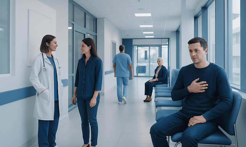 Patients and doctors in a modern hospital corridor.