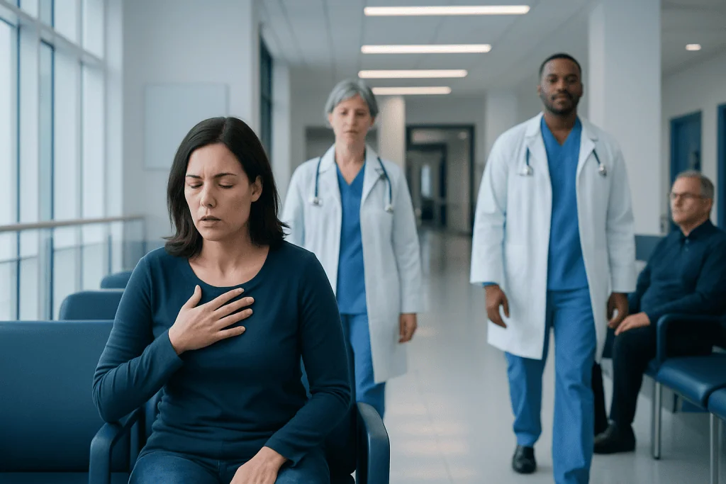 Shortness of Breath After Eating: An Evidence-Based Guide for Patients 1 Patient experiencing shortness of breath in hospital corridor with medical staff nearby.