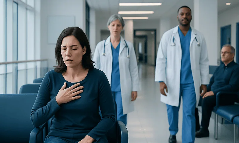 Shortness of Breath After Eating: An Evidence-Based Guide for Patients 7 Patient experiencing shortness of breath in hospital corridor with medical staff nearby.