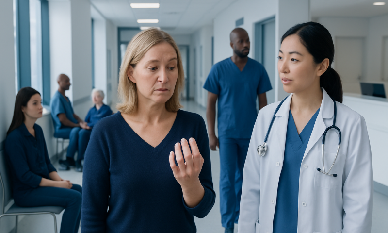 Patient consulting with a nurse in a hospital corridor.