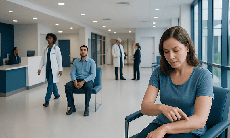 Patient receiving a vaccination in a modern hospital waiting area.