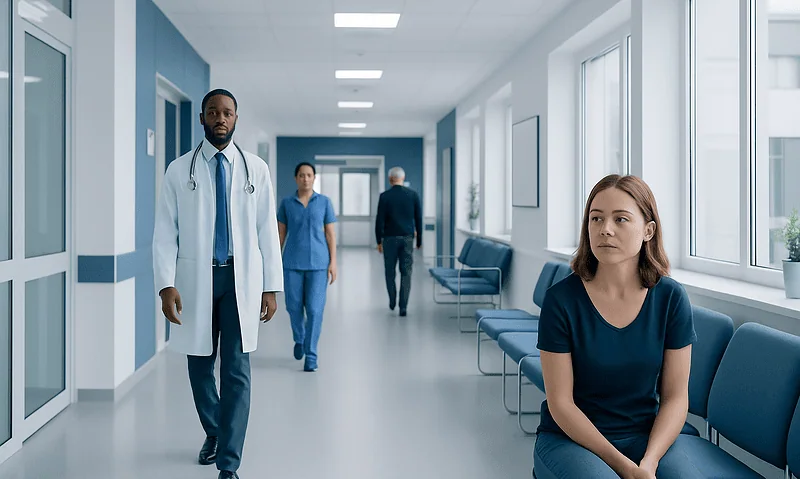 Young woman waiting in hospital corridor with medical staff nearby.