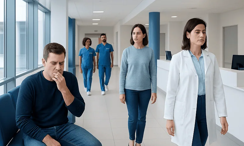 Patient experiencing discomfort in hospital corridor with medical staff nearby.