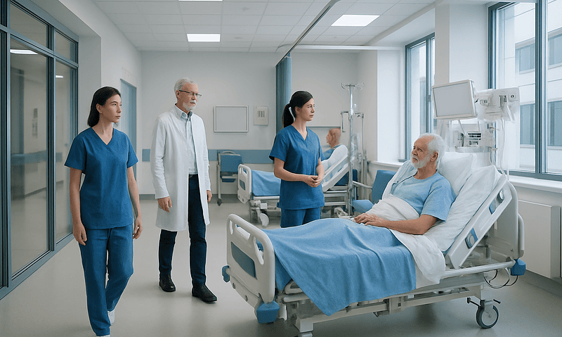 Post-CABG patient in ICU with medical staff monitoring recovery.
