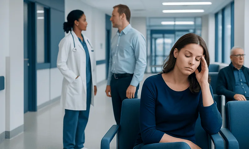 Young woman experiencing headache in hospital waiting area.