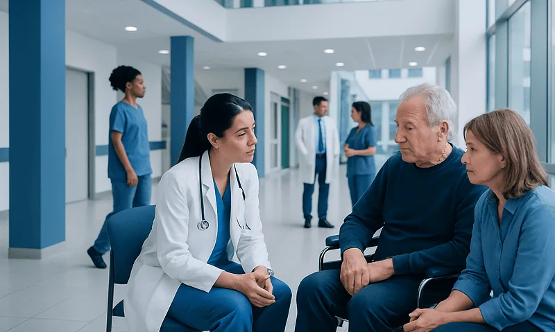 Doctor consulting with elderly patient and caregiver in hospital lobby.
