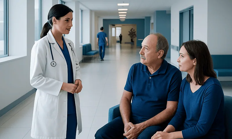 Doctor consulting with a patient and companion in hospital corridor.
