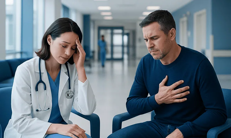 Patient experiencing chest pain during medical consultation at hospital.