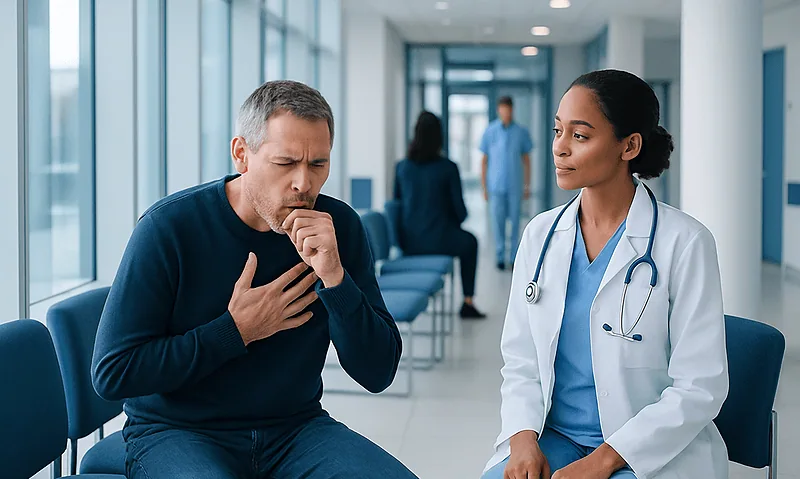 Patient experiencing chest pain consulting with a doctor in hospital corridor.