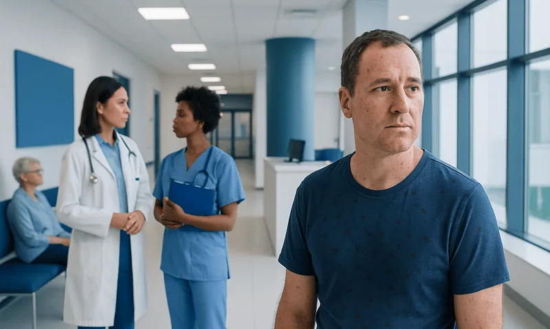 Man waiting in hospital corridor with medical staff nearby.