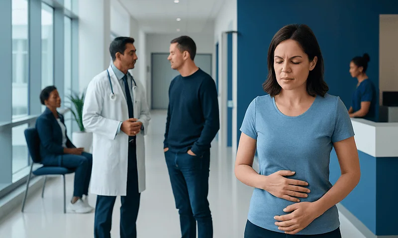 Woman experiencing stomach pain in a hospital corridor with doctors and staff nearby.