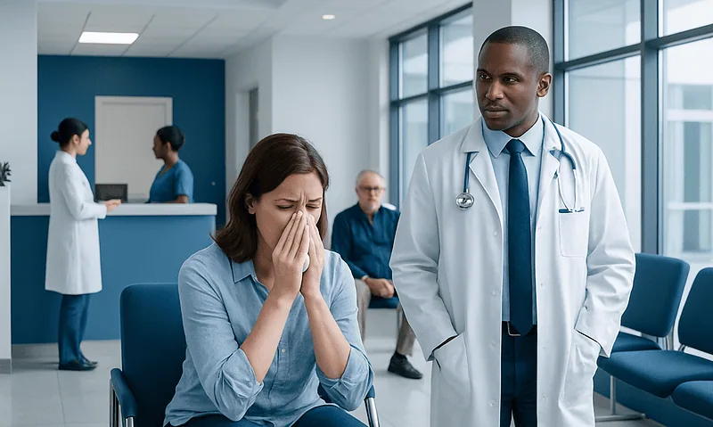 Patient experiencing sinus pain in a hospital waiting area.