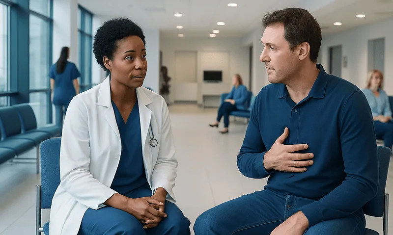 Doctor and patient discussing symptoms in a hospital waiting area.