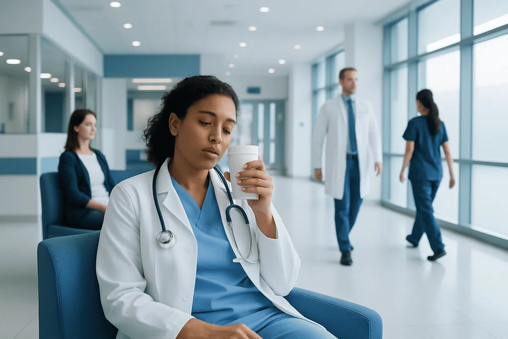 Why Does Coffee Make Me Sleepy? Here Is What the Evidence Says 1 Young female doctor drinking coffee in hospital corridor.