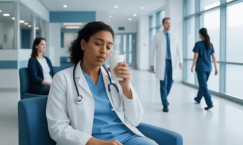 Young female doctor drinking coffee in hospital corridor.